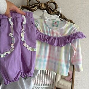 The Smocked Flamingo pastel check purple 2 pc set